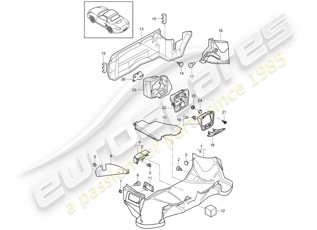 porsche 2011 (987 boxster) diagrama de piezas del compartimiento de equipaje