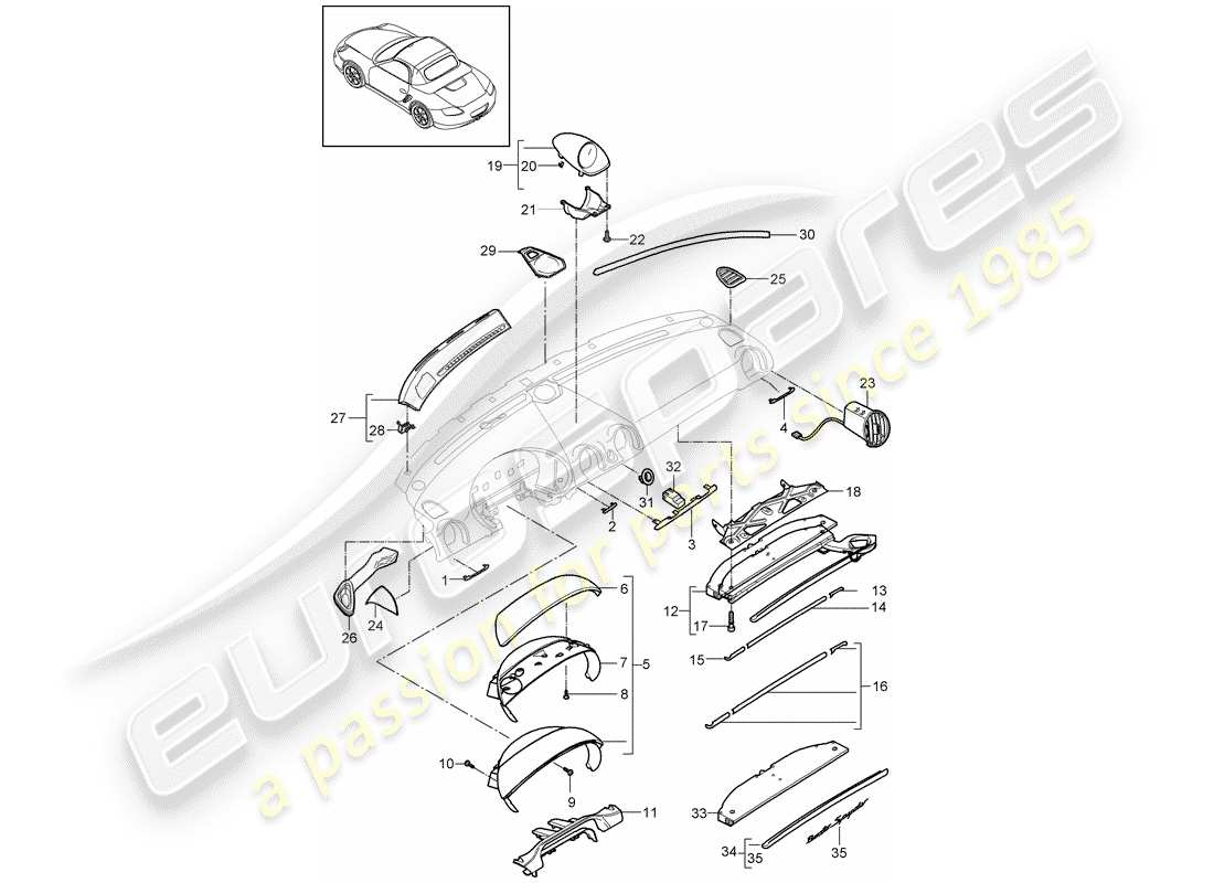 porsche 2010 (987 boxster) diagrama de piezas del embellecedor del panel de instrumentos