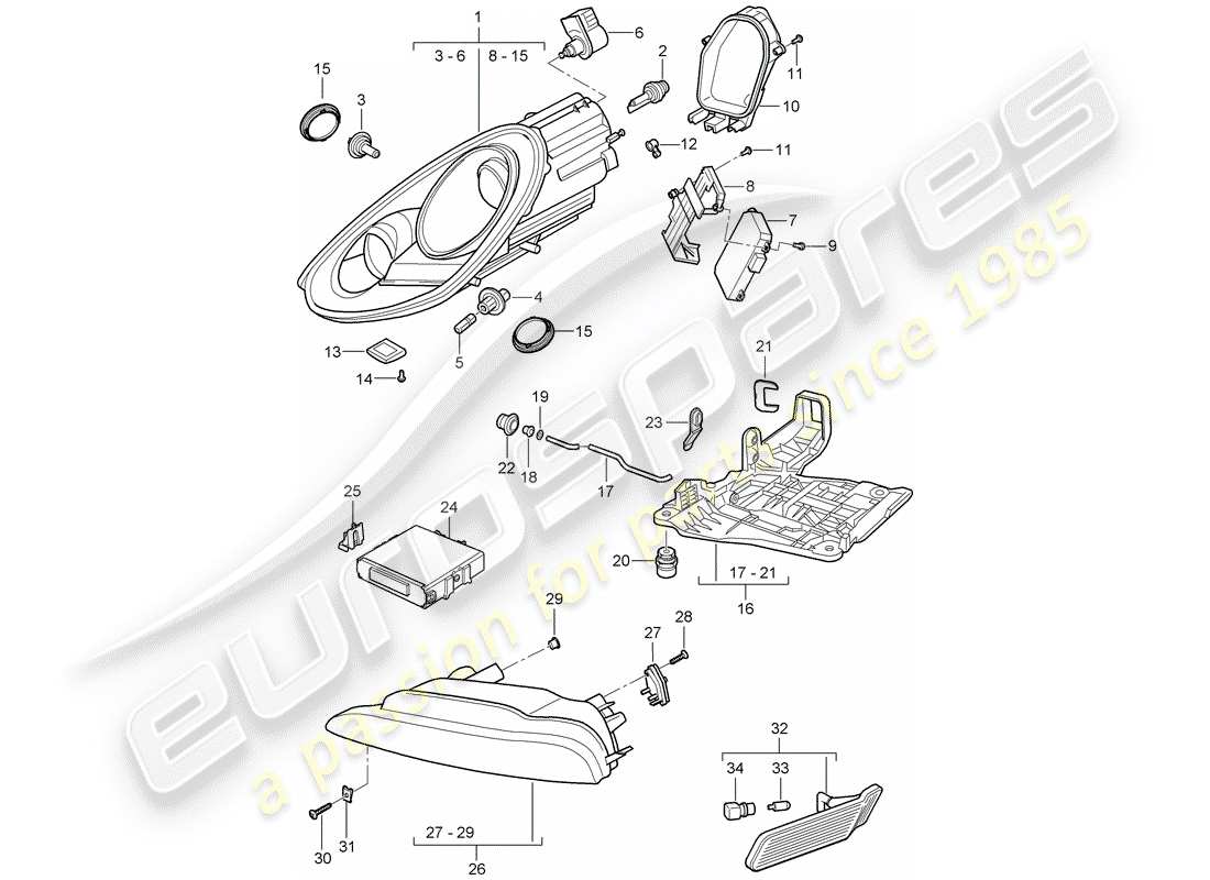 porsche 2011 (987 boxster) lámpara de cabeza diagrama de piezas