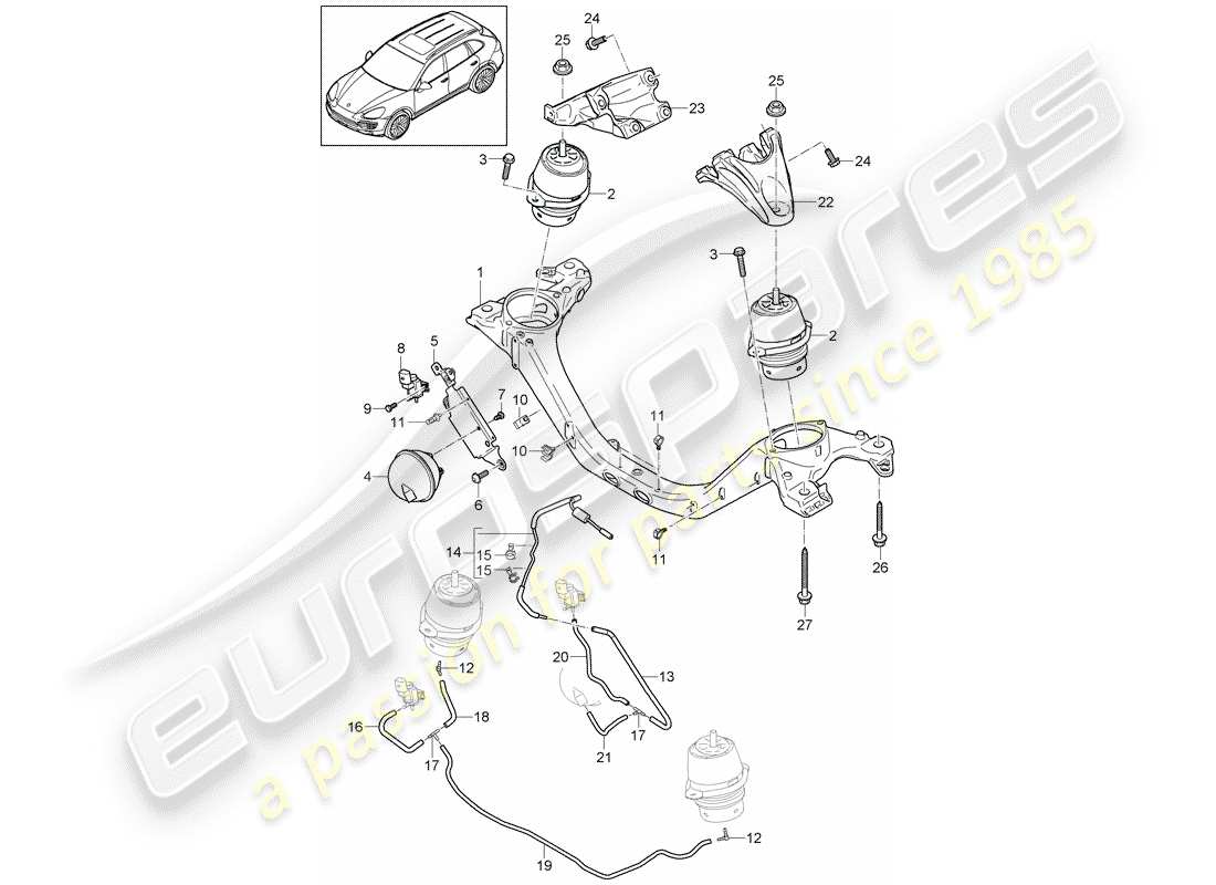 porsche 2016 (cayenne e2 92a) diagrama de piezas del dispositivo de elevación del motor
