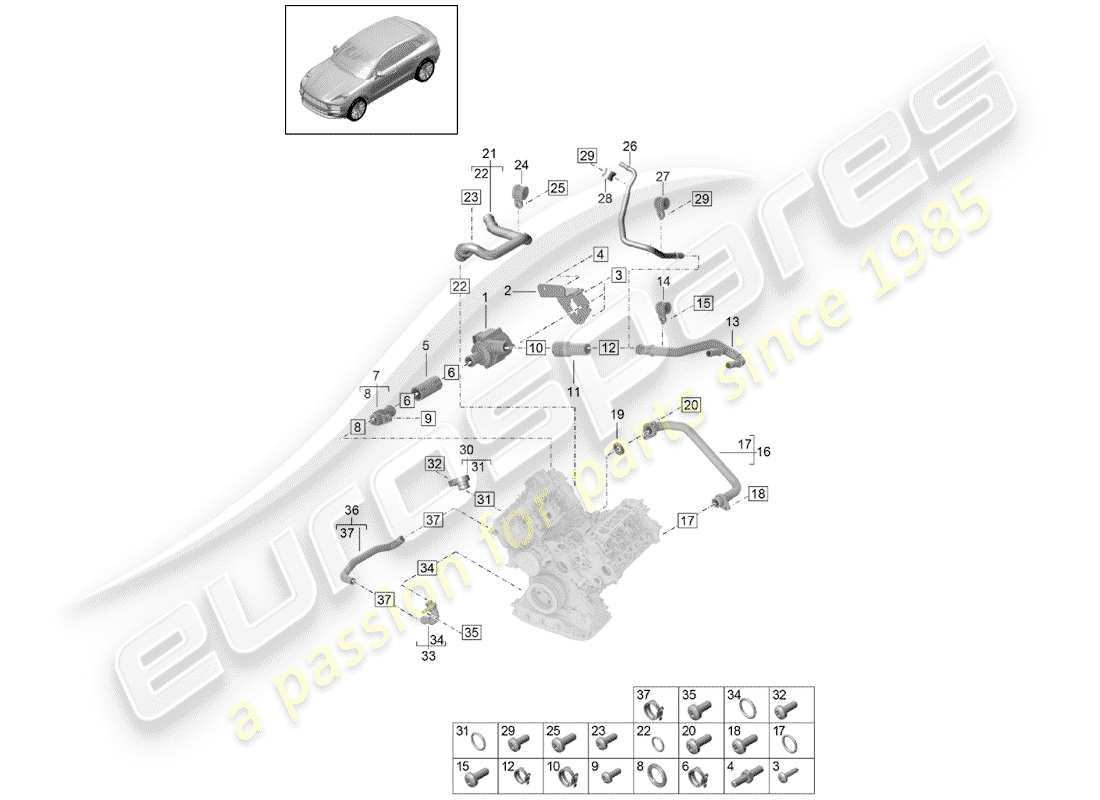 porsche 2019 (macan) diagrama de piezas de refrigeración por agua