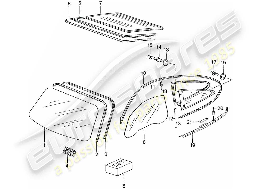 porsche 2002 (996 turbo / gt2) diagrama de piezas de vidrios para ventanas