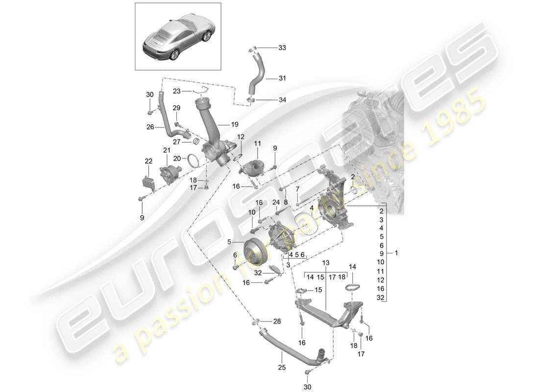 porsche 2014 (991-1) diagrama de piezas de la bomba de agua