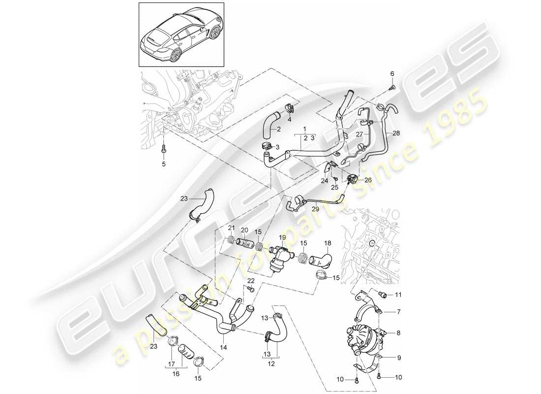 porsche 2011 (panamera 970) diagrama de piezas de refrigeración por agua