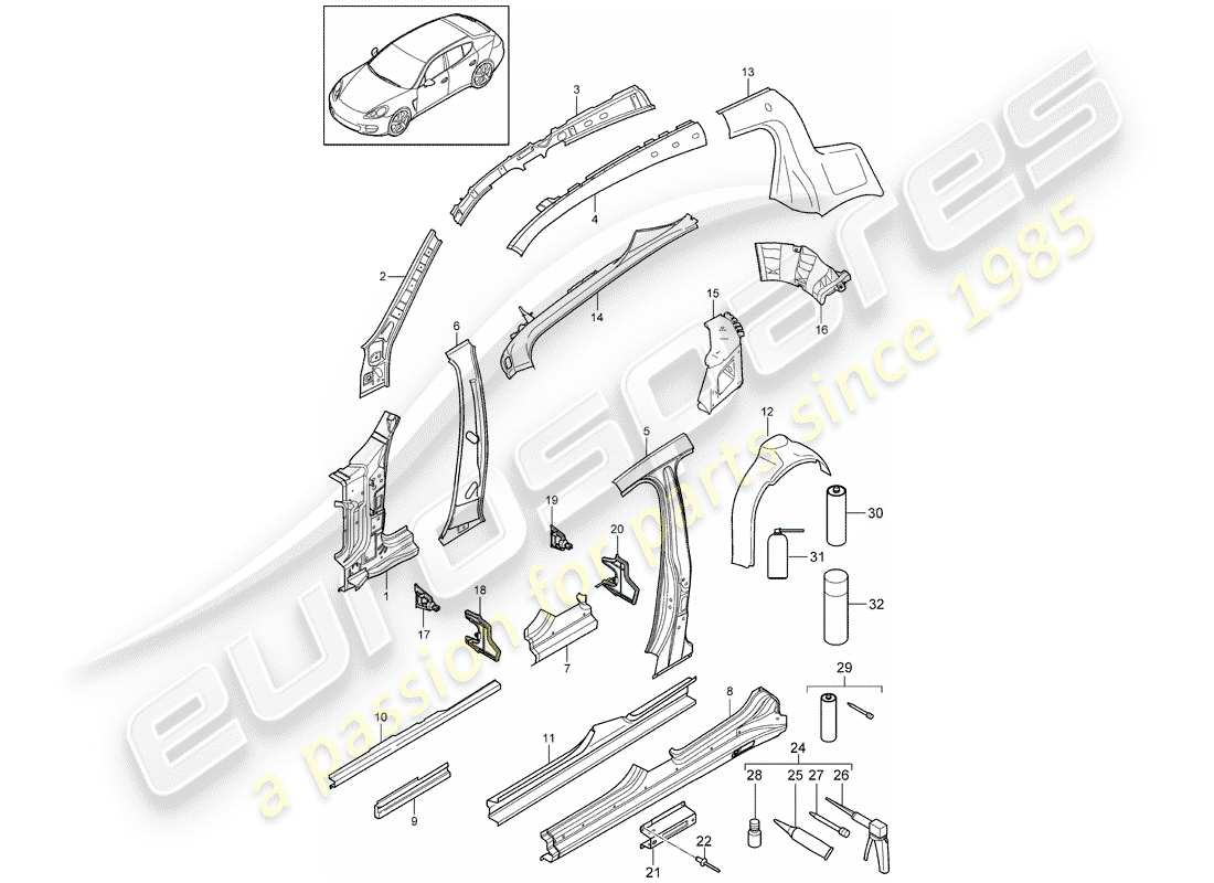 porsche 2011 (panamera 970) diagrama de piezas del panel lateral