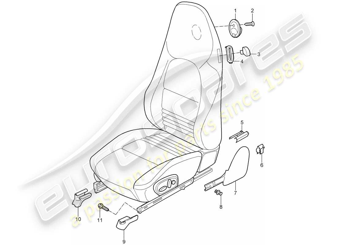 porsche 2001 (996 turbo / gt2) diagrama de piezas del asiento delantero