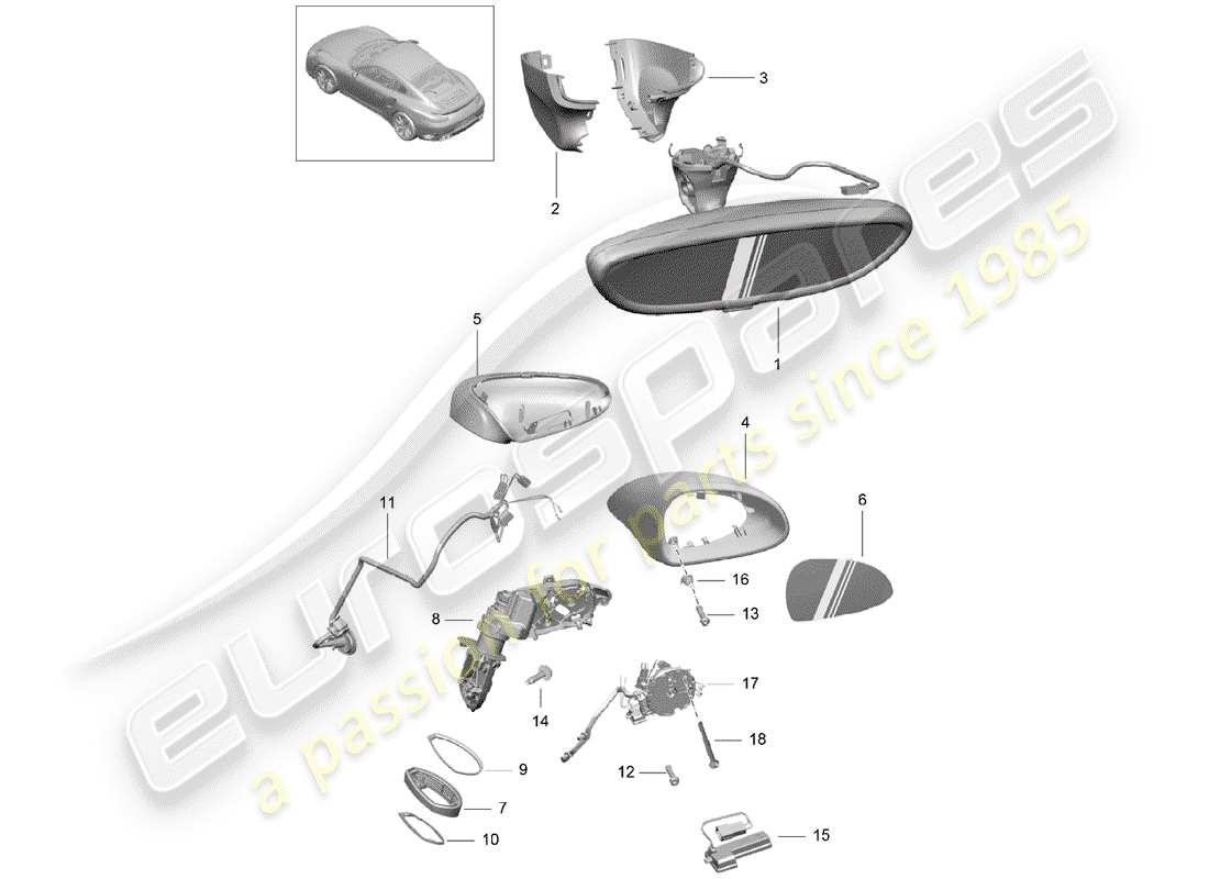 porsche 991 turbo (2019) diagrama de pieza interior del espejo retrovisor