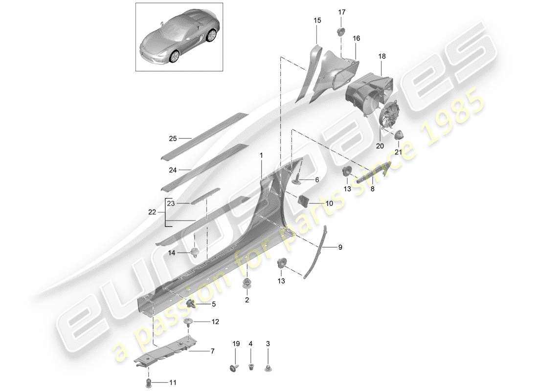 porsche 2016 (981 boxster spyder) diagrama de piezas del guarnecido de los miembros laterales