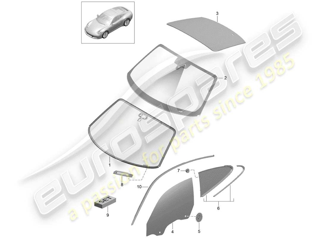 porsche 2017 (991-2) diagrama de piezas del vidrio del parabrisas