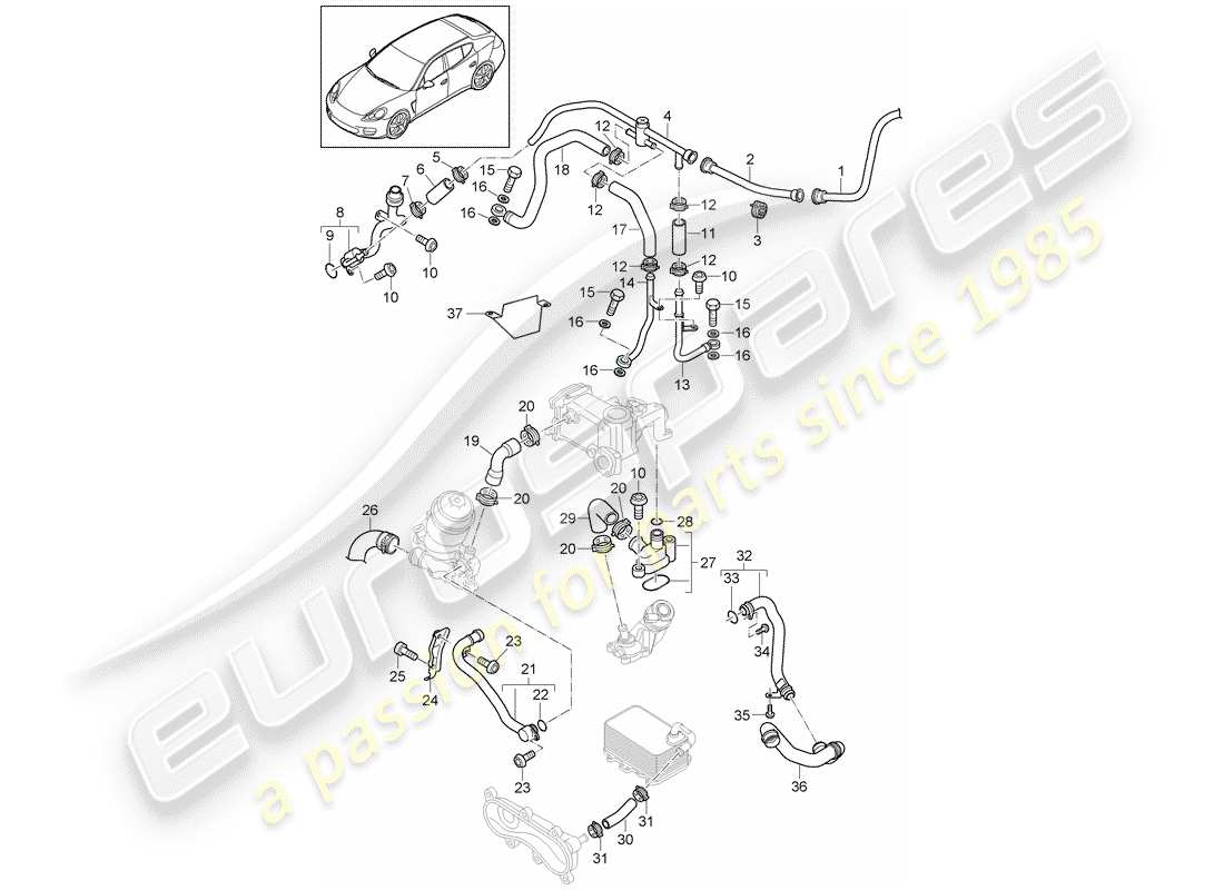 porsche 2010 (panamera 970) diagrama de piezas de refrigeración por agua