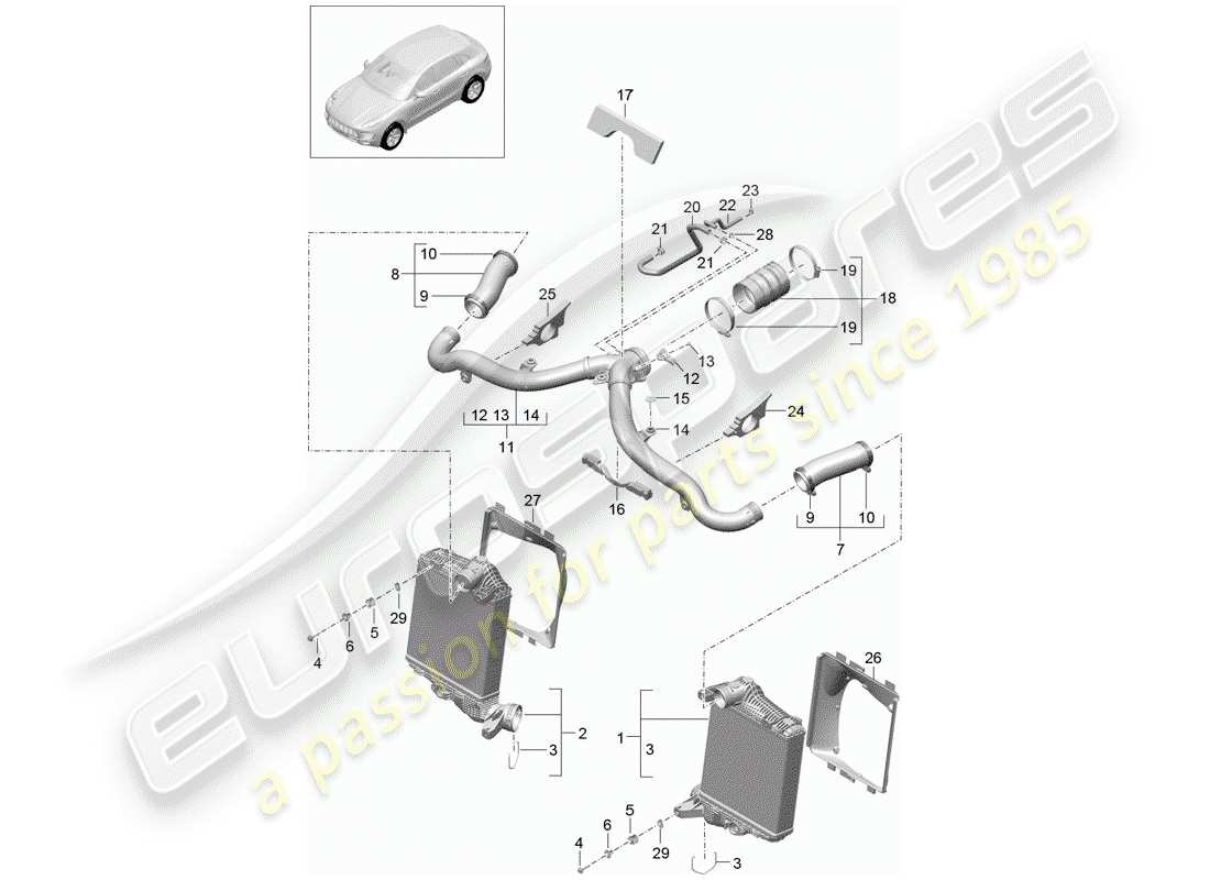 porsche 2017 (macan) diagrama de piezas del enfriador de aire de carga