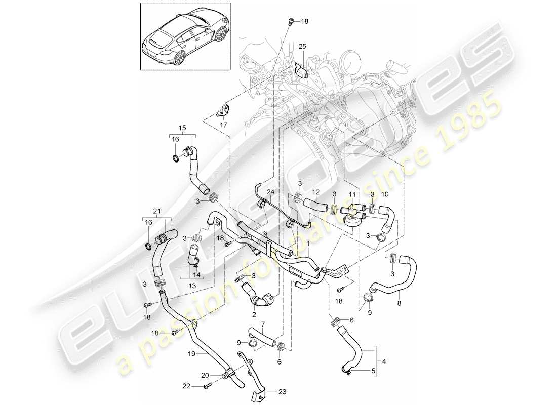 porsche 2014 (panamera 970) diagrama de piezas de refrigeración por agua