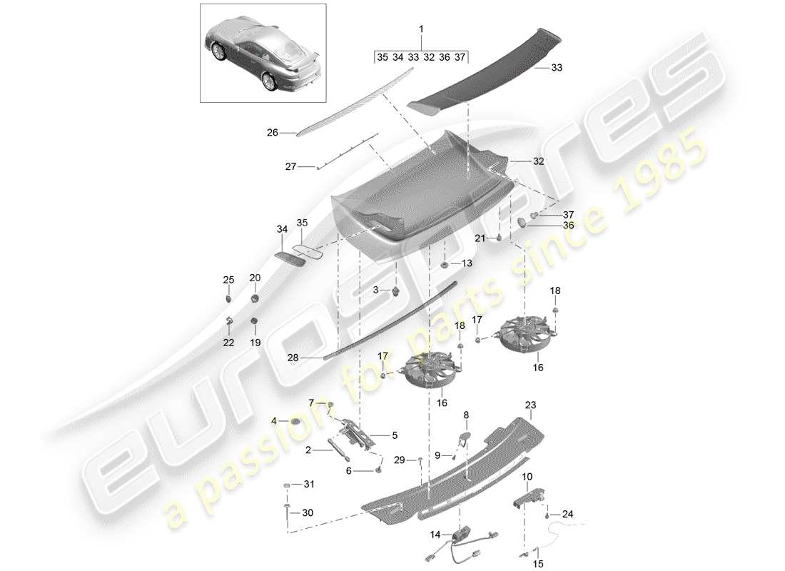 porsche 2014 (991-1 r/gt3/rs) alerón trasero diagrama de piezas