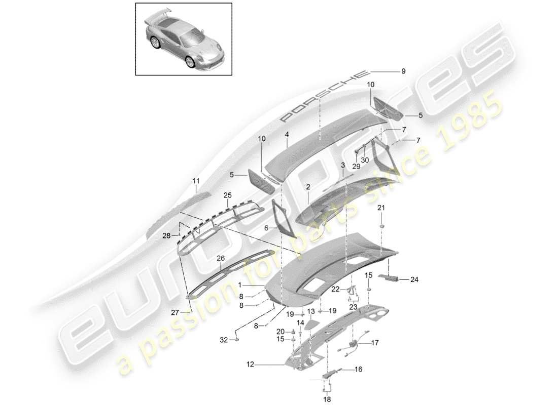 porsche 2020 (991-2 turbo) diagrama de piezas de la tapa del maletero trasero