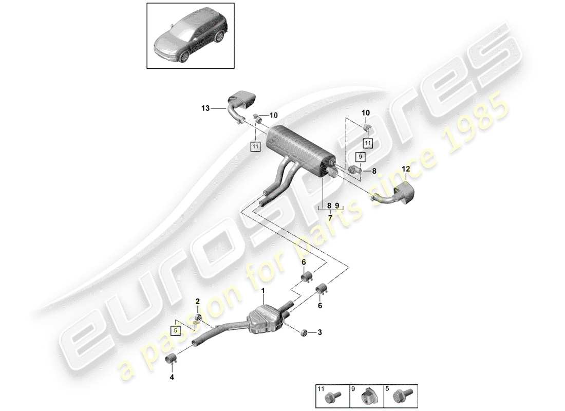 porsche 2020 (cayenne e3 9ya/9yb) diagrama de piezas del sistema de escape