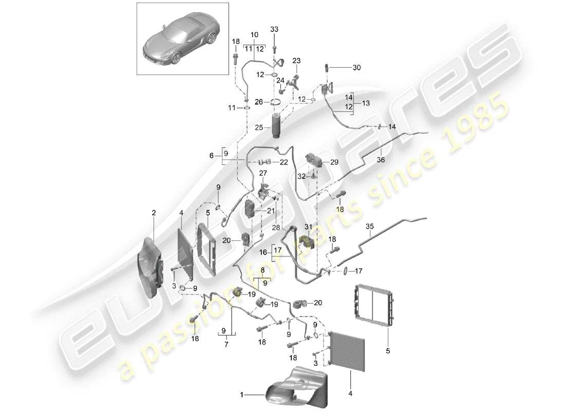 porsche 2016 (981 boxster) circuito refrigerante diagrama de piezas