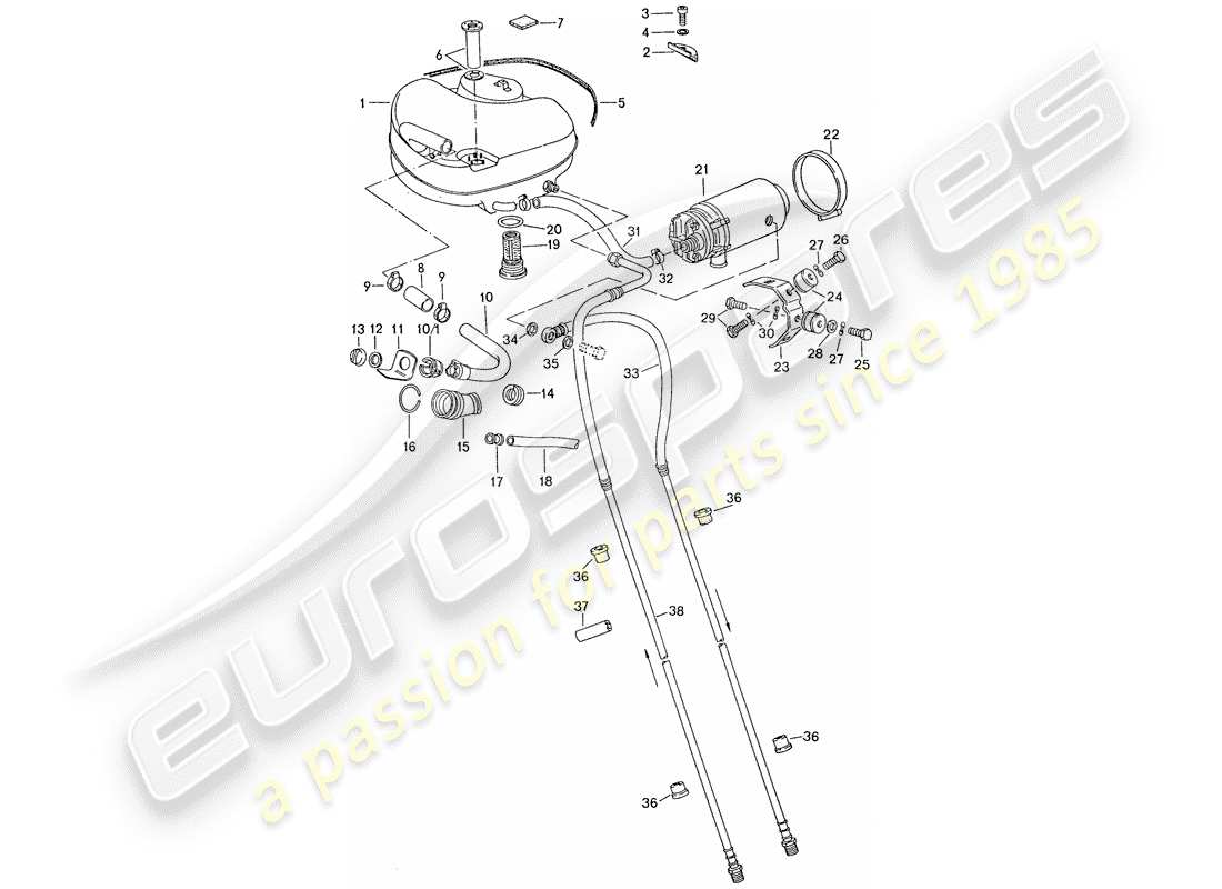 porsche 1977 (911) sistema de combustible - para vehículos con - auxiliar de aluminio. diagrama de piezas de soporte