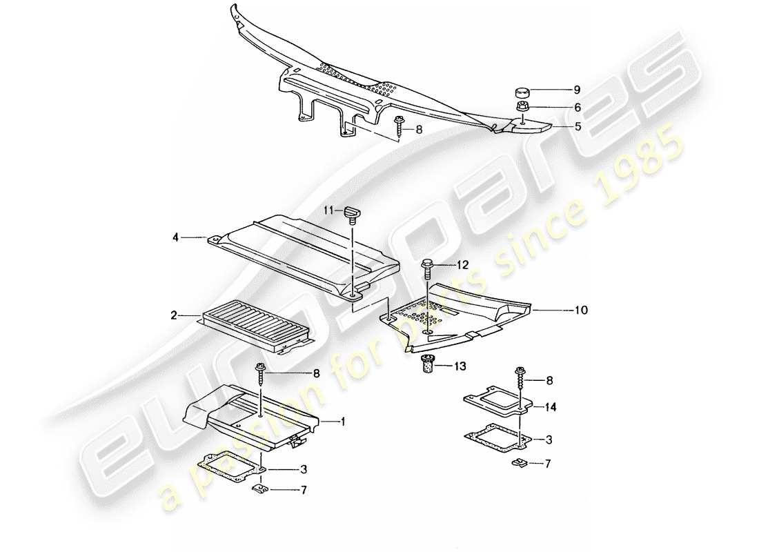 porsche 2001 (986 boxster) elemento filtrante de polvo y polen - cubiertas - diagrama de piezas del capo