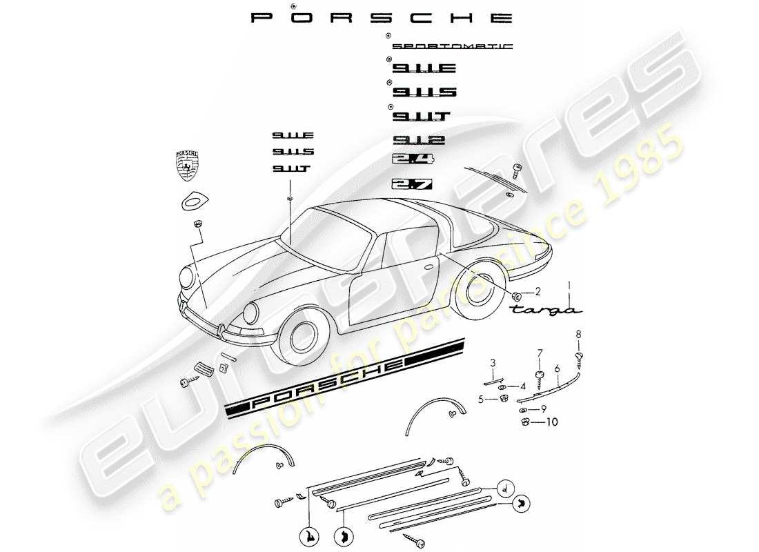 porsche 1970 (911) accesorios decorativos diagrama de piezas
