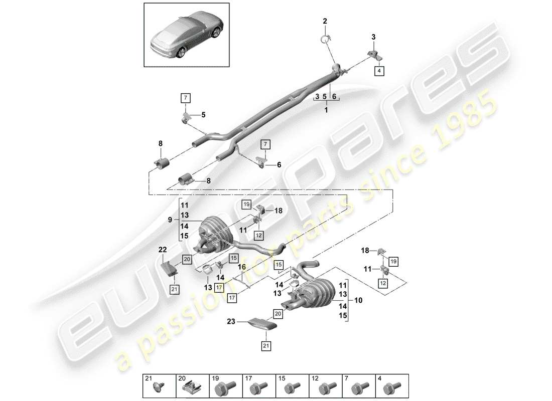 porsche 2020 (panamera 971-1) sistema de escape diagrama de piezas