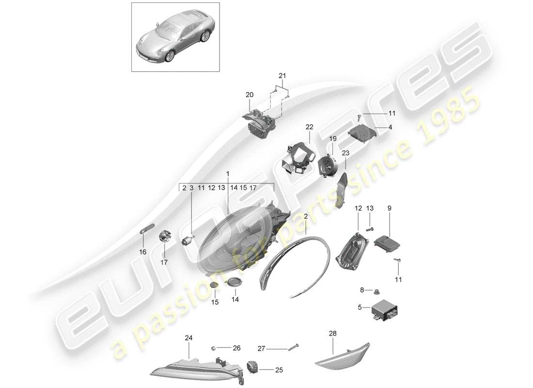 porsche 2019 (991-2) diagrama de piezas del faro