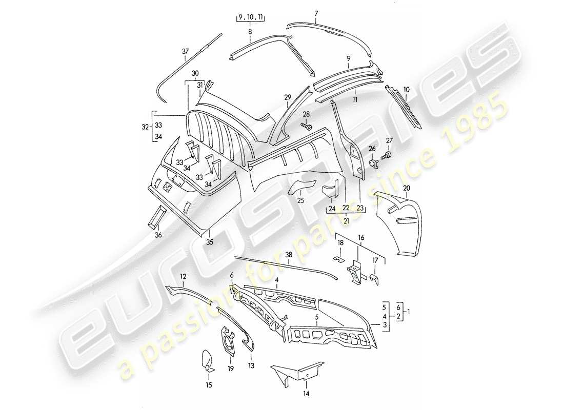 porsche 1954 (356/356a) carrocería - paneles interiores diagrama de piezas