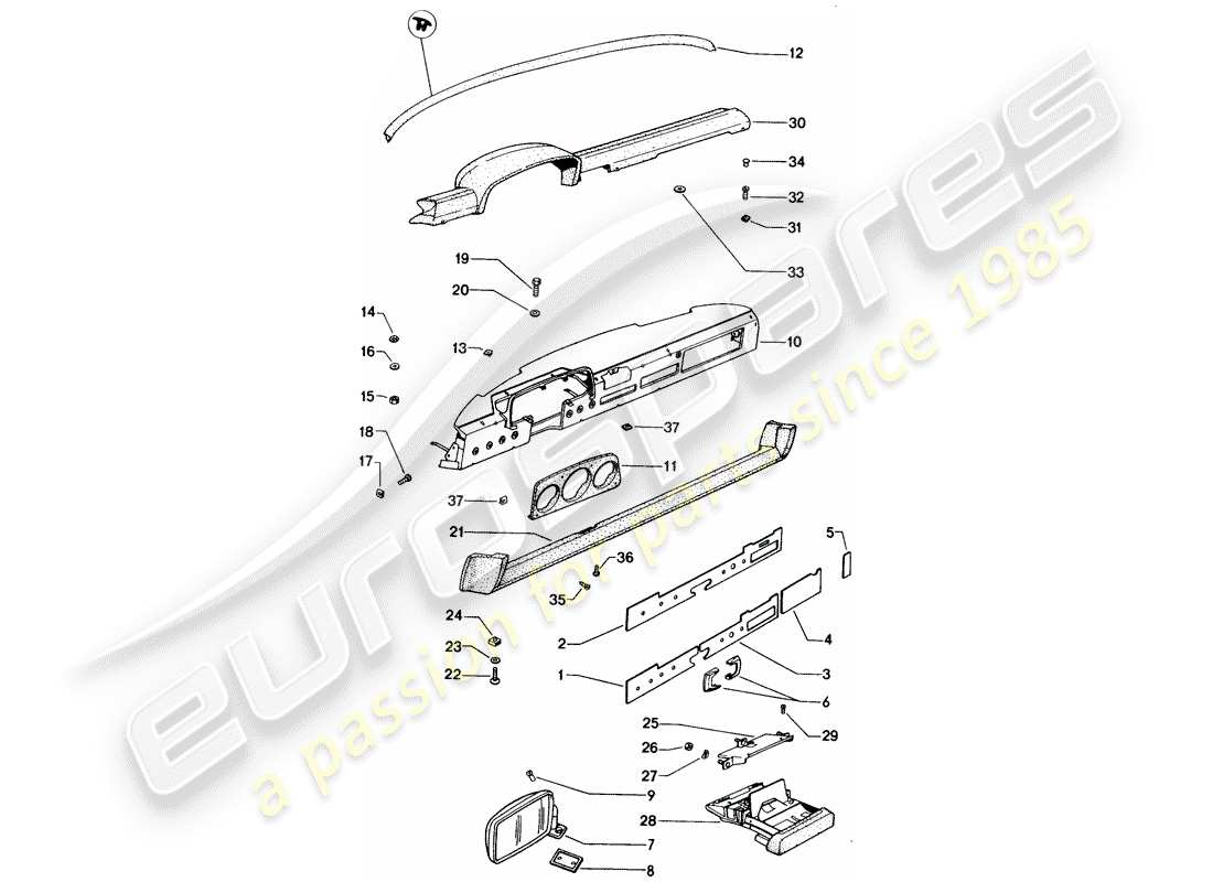 porsche 1970 (914) tablero - espejo retrovisor diagrama de piezas
