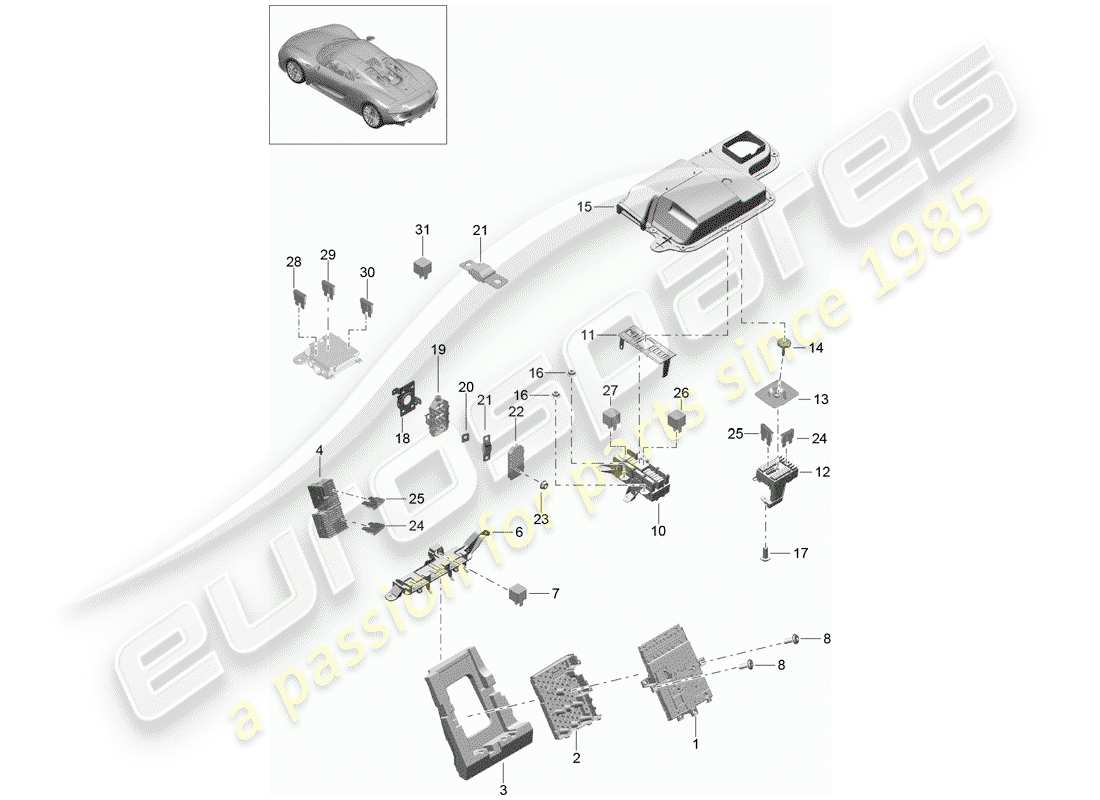 porsche 918 spyder (2015) diagrama de piezas de la caja de fusibles/placa de relé