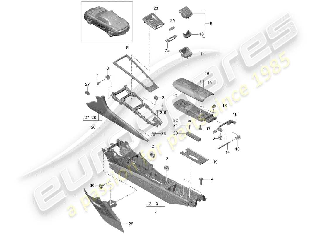 porsche 2012 (981 boxster) diagrama de piezas de la consola central
