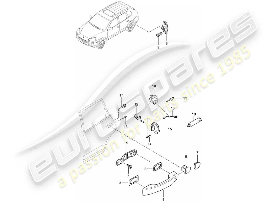 porsche 2010 (cayenne e1 9pa) diagrama de piezas de la manija de la puerta