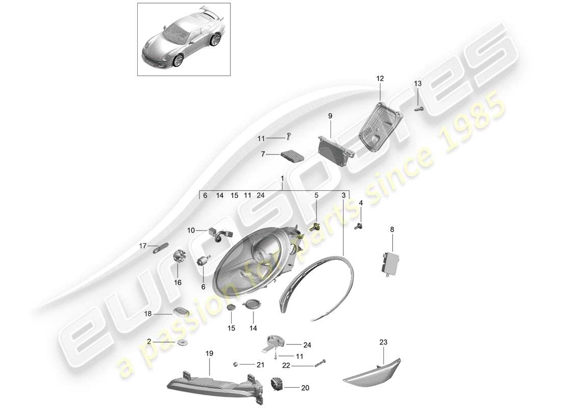 porsche 2017 (991-2 r/gt3/rs) diagrama de piezas del faro