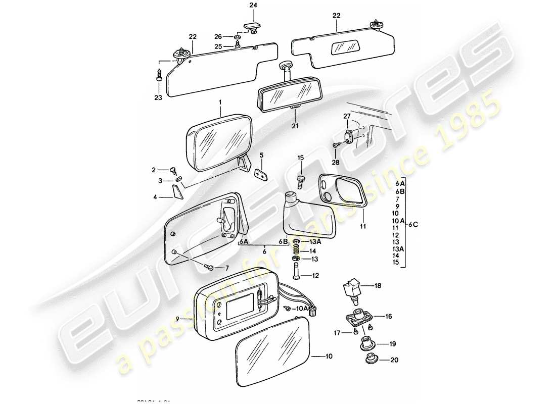 porsche 1976 (924) espejo retrovisor - espejo retrovisor interior - visor solar diagrama de piezas