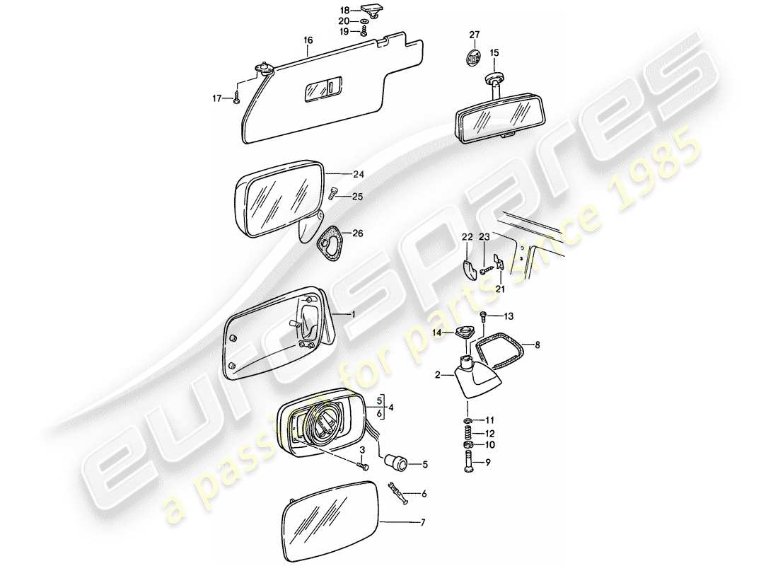 porsche 1986 (944) espejo retrovisor - visera solar - espejo retrovisor diagrama de piezas
