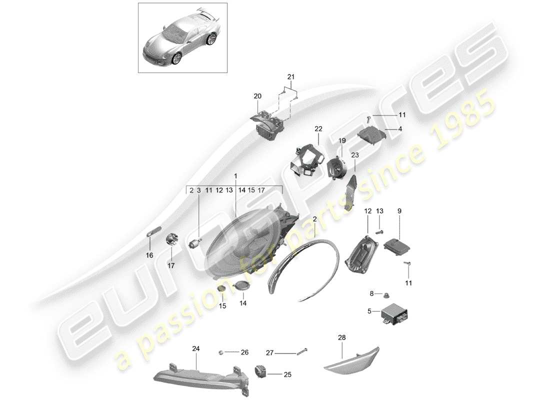 porsche 2017 (991-2 r/gt3/rs) diagrama de piezas del faro