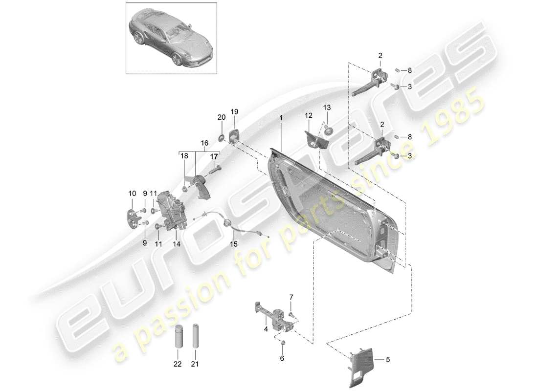porsche 2020 (991-2 turbo) diagrama de piezas de la carcasa de la puerta