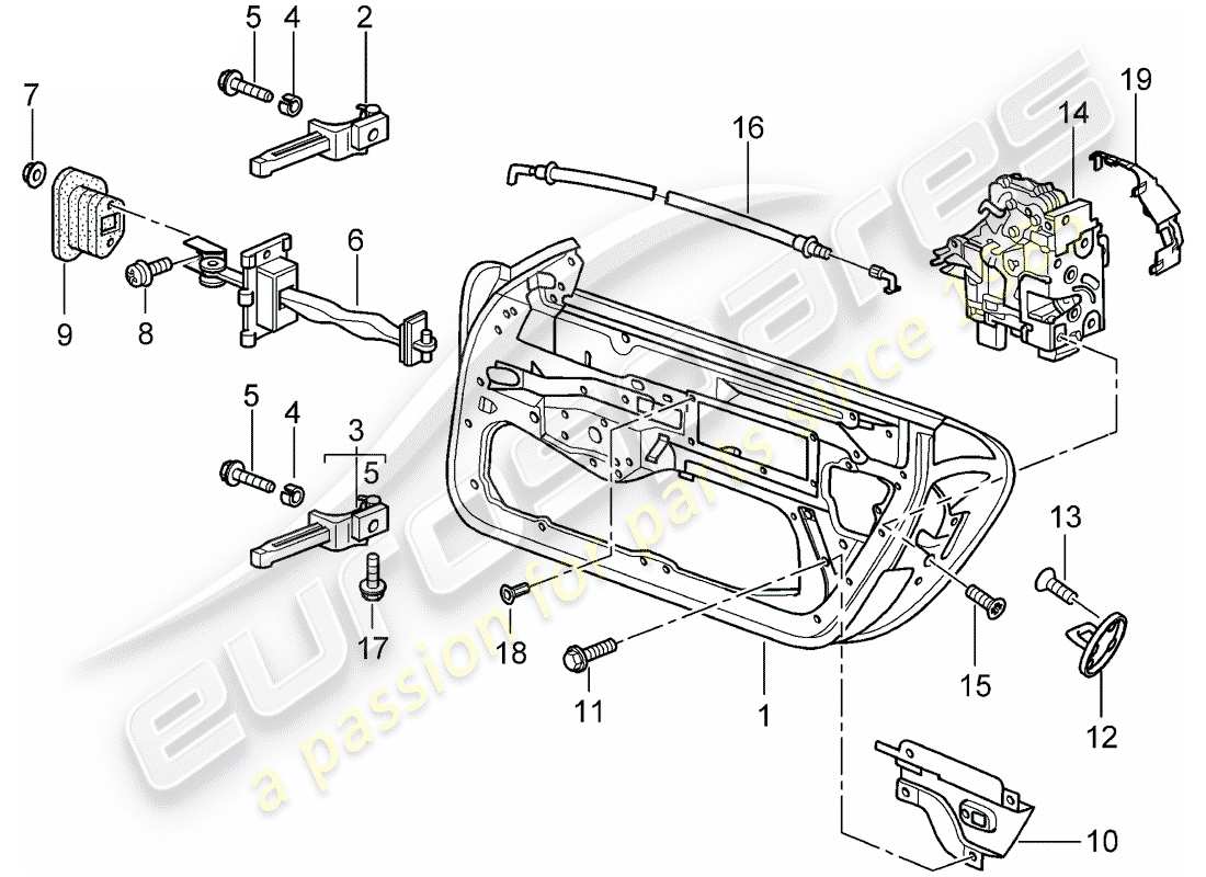 porsche 2003 (996 turbo / gt2) carcasa de la puerta - piezas de instalación - diagrama de piezas del pestillo de la puerta