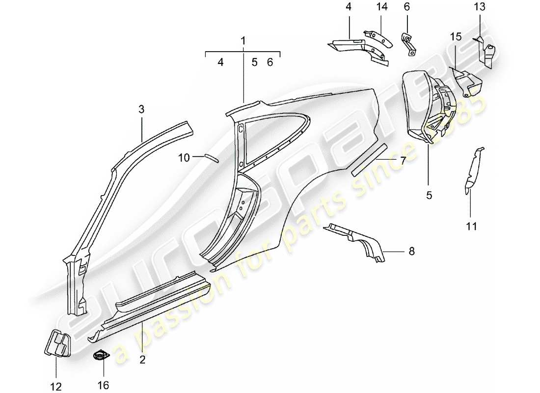 porsche 2001 (996 gt3) diagrama de piezas del panel lateral