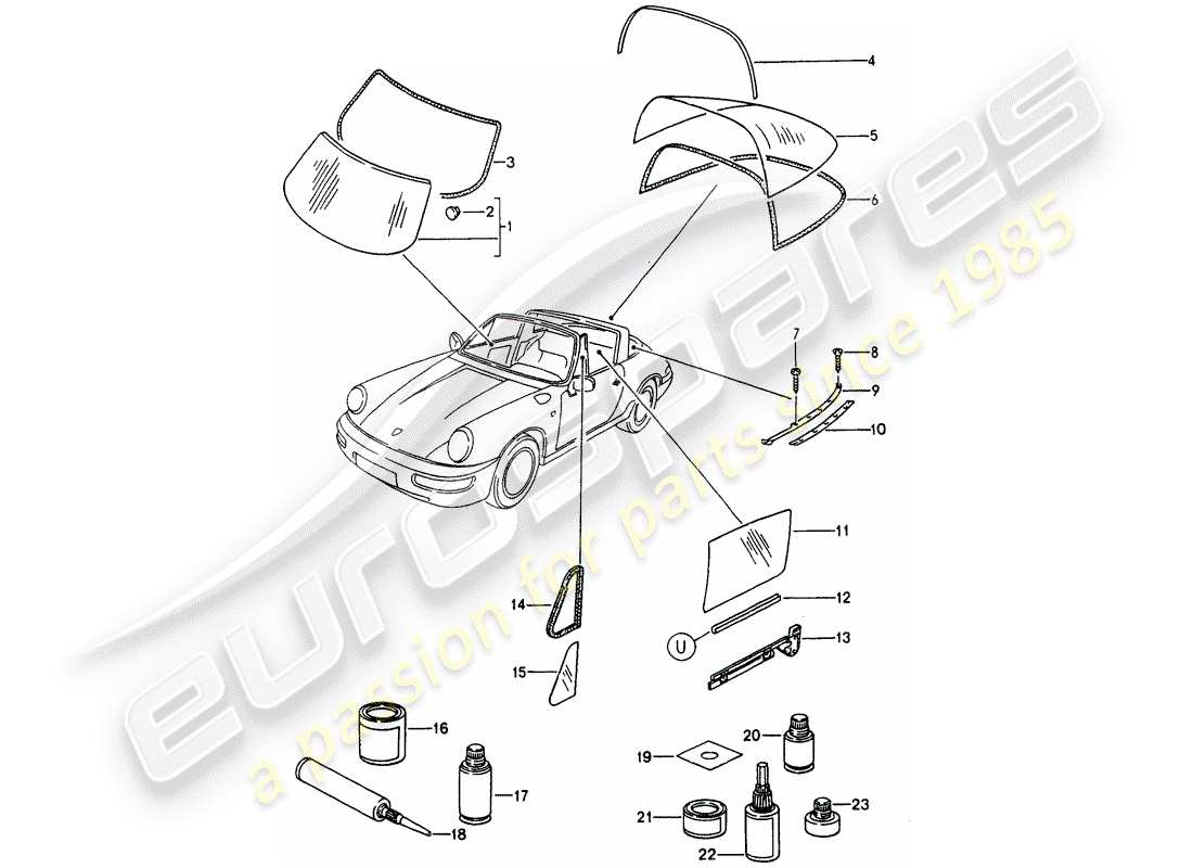 porsche 1990 (964) acristalamiento de ventanas diagrama de piezas