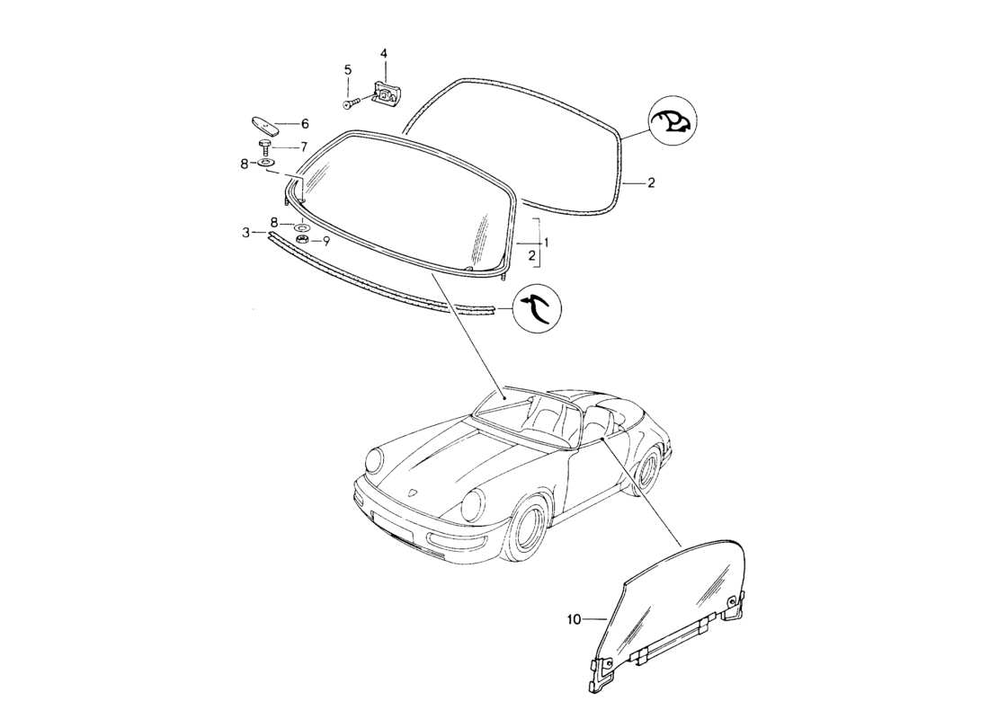porsche 1994 (964) diagrama de piezas de ventanas