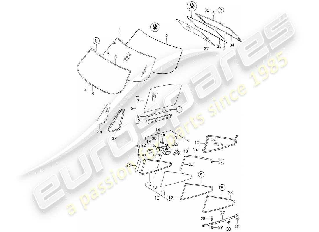 porsche 1966 (911/912) acristalamiento de ventanas - d - mj 1969>> diagrama de piezas