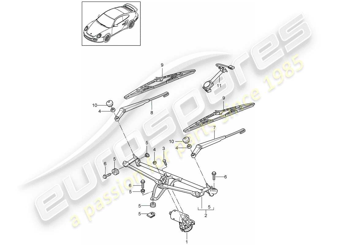 porsche 2011 (997-2 turbo / gt2 rs) sistema limpiaparabrisas compl. diagrama de piezas