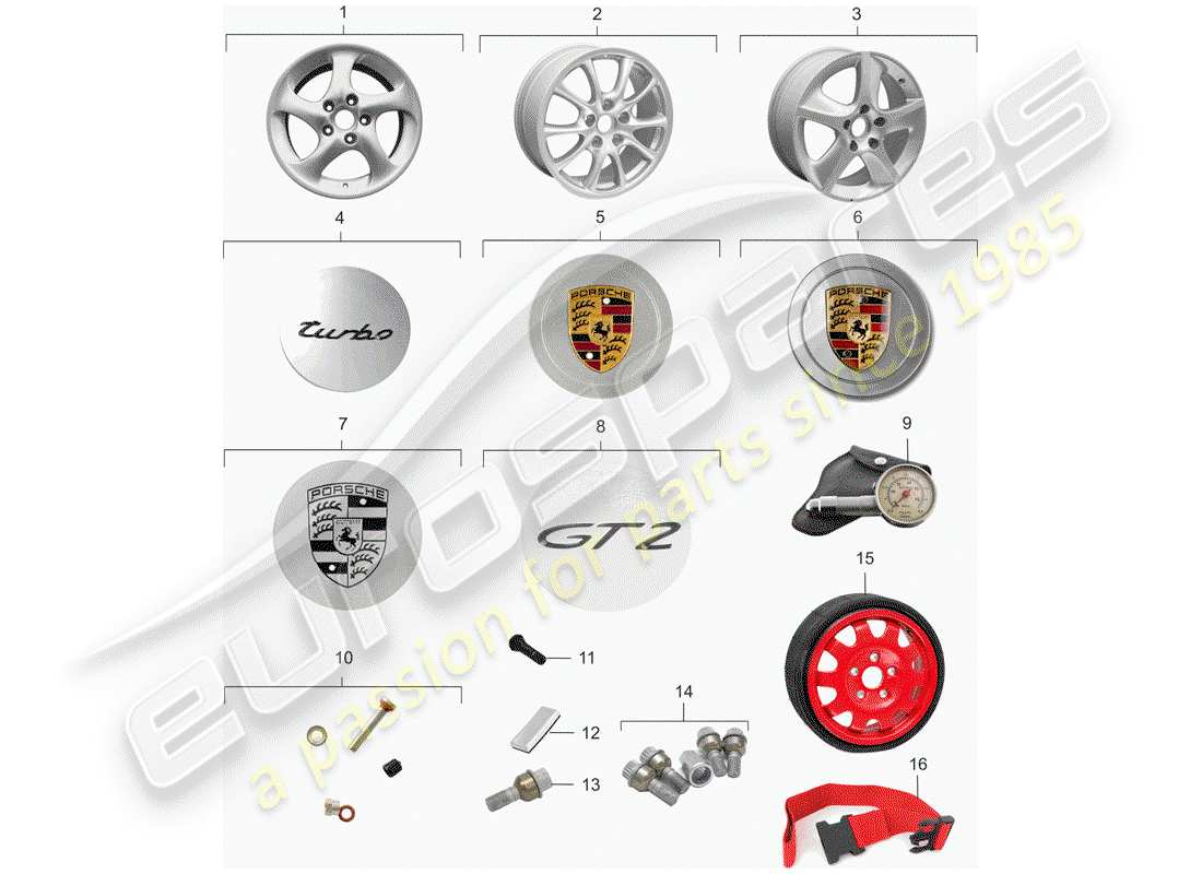 porsche 996 t/gt2 (2005) diagrama de piezas de ruedas