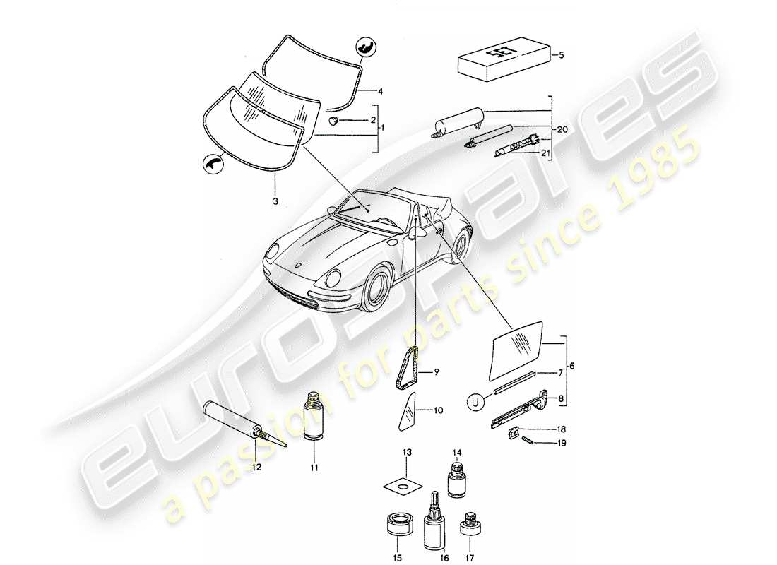 porsche 1995 (993) acristalamiento de ventanas diagrama de piezas