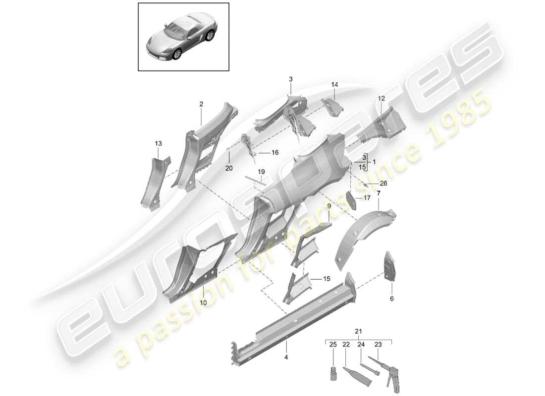 porsche 718 boxster (2019) diagrama de piezas del panel lateral