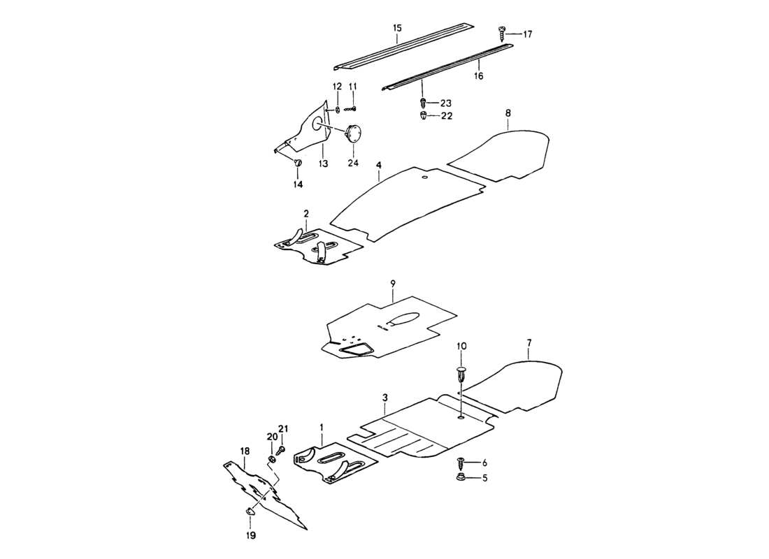 porsche 1994 (964) moldeados - espacio para los pies - alfombras desmontables diagrama de piezas