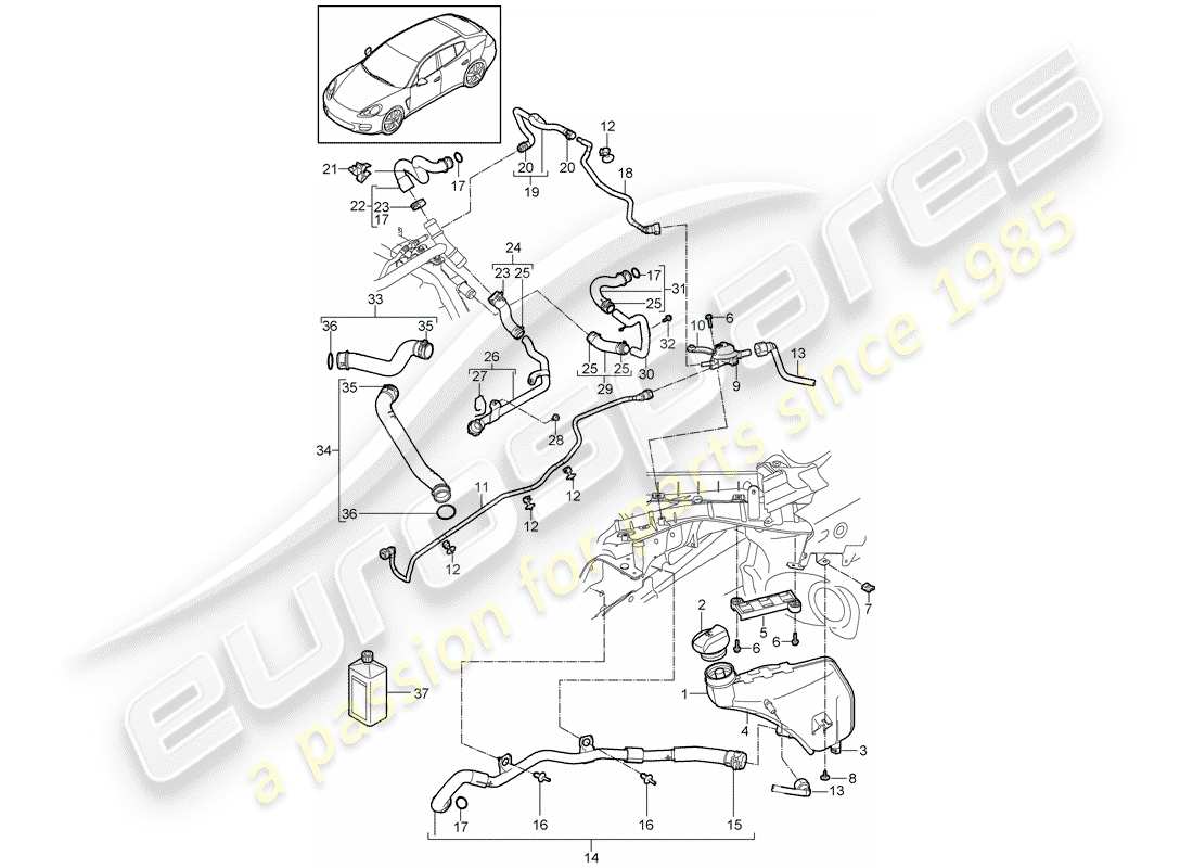porsche 2011 (panamera 970) diagrama de piezas de refrigeración por agua
