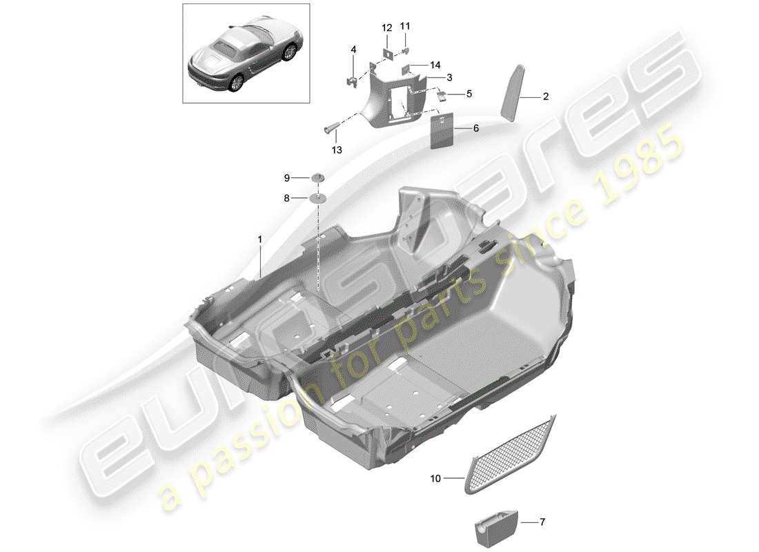 porsche 2019 (718 boxster) diagrama de piezas de la cubierta del piso