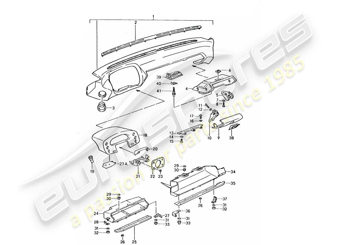 porsche 1994 (928) guarnecido del tablero de instrumentos - para coches sin - airbag - (lado del pasajero) esquema de piezas