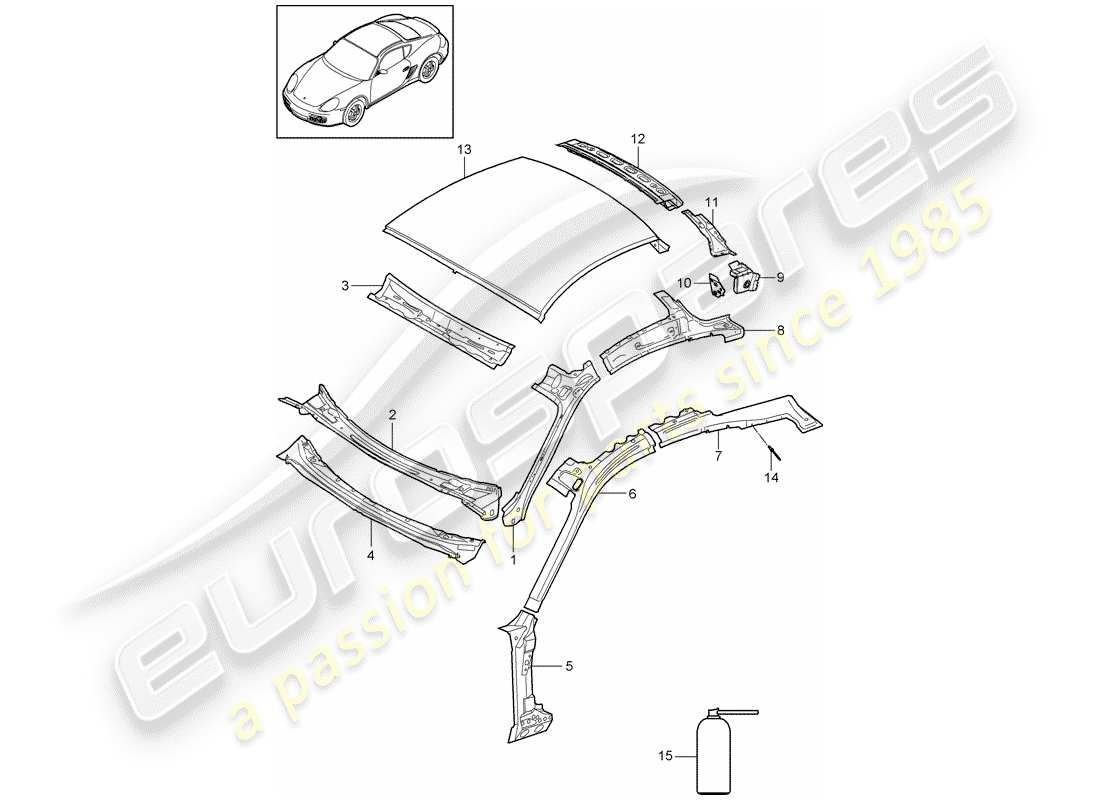 porsche 2012 (987 cayman) diagrama de piezas del techo