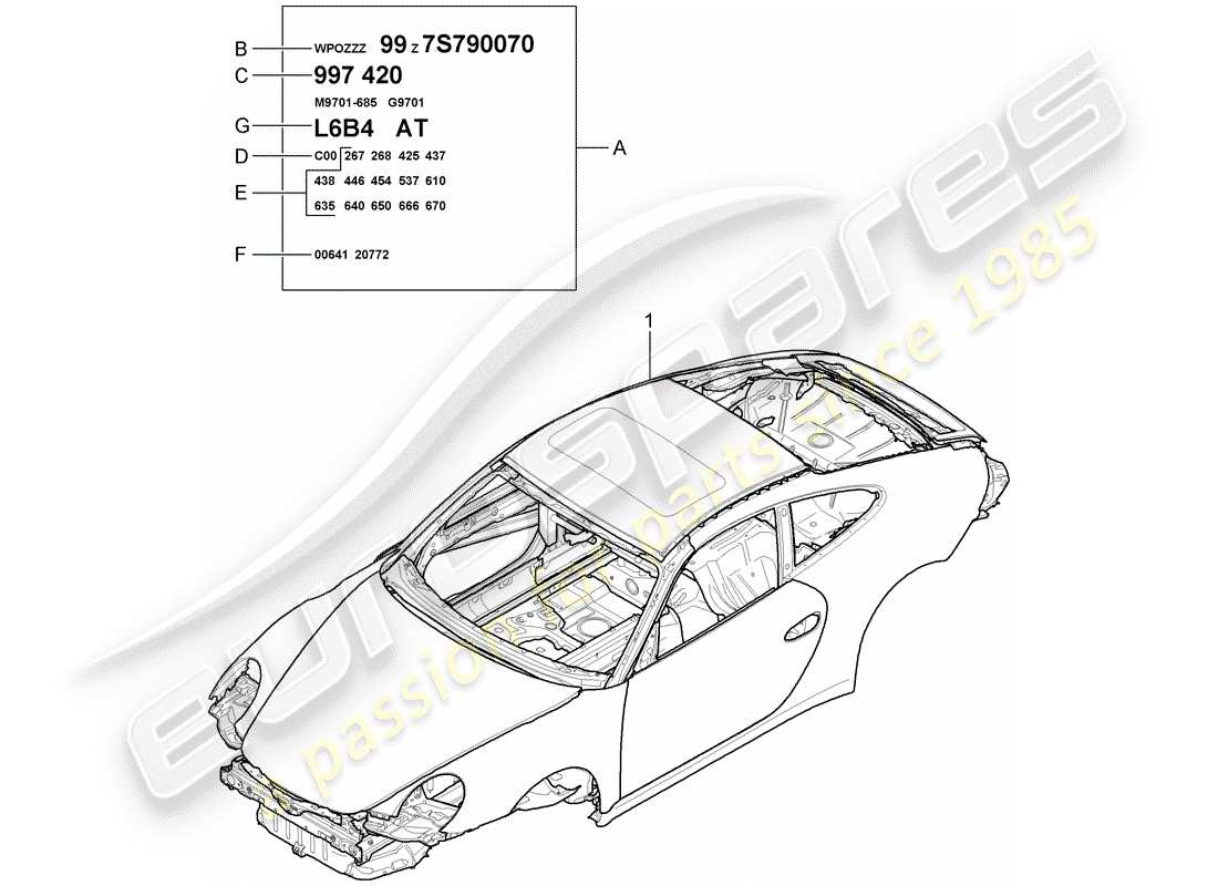 porsche 997 gt3 (2009) diagrama de piezas de la carrocería del coche